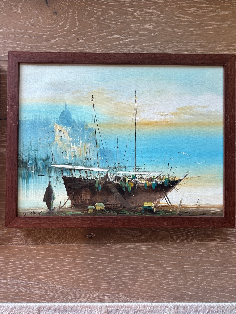 Coastal Harbor Oil Painting - Blue and Tan Seascape (Two Paintings)